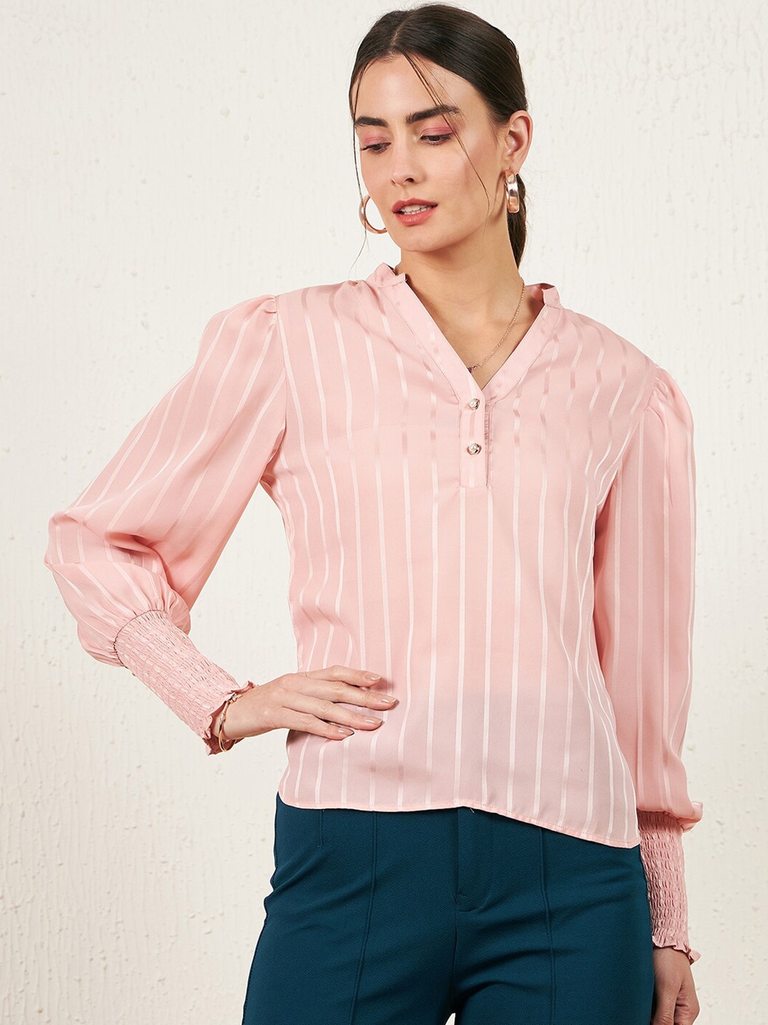 

Marie Claire Striped Mandarin Collar Smocked Cuff Sleeves Shirt Style Satin Top, Peach