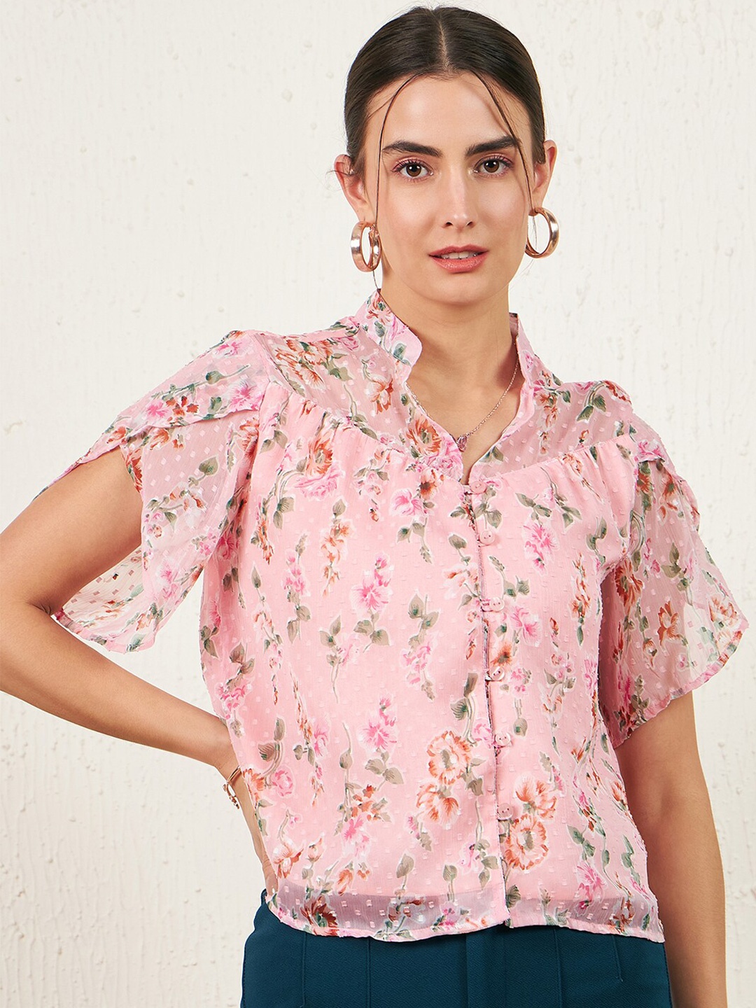 

Marie Claire Floral Printed Flared Sleeve Mandarin Collar Chiffon Shirt Style Top, Pink