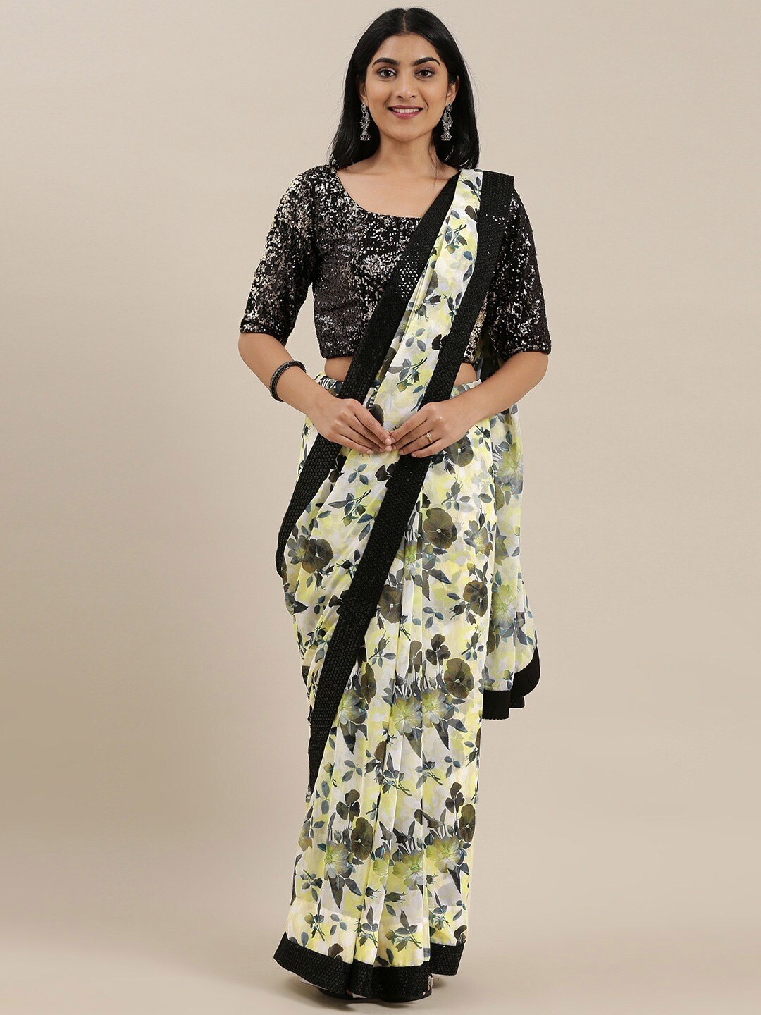 

Ethnovog Floral Printed Sequined Saree, Black