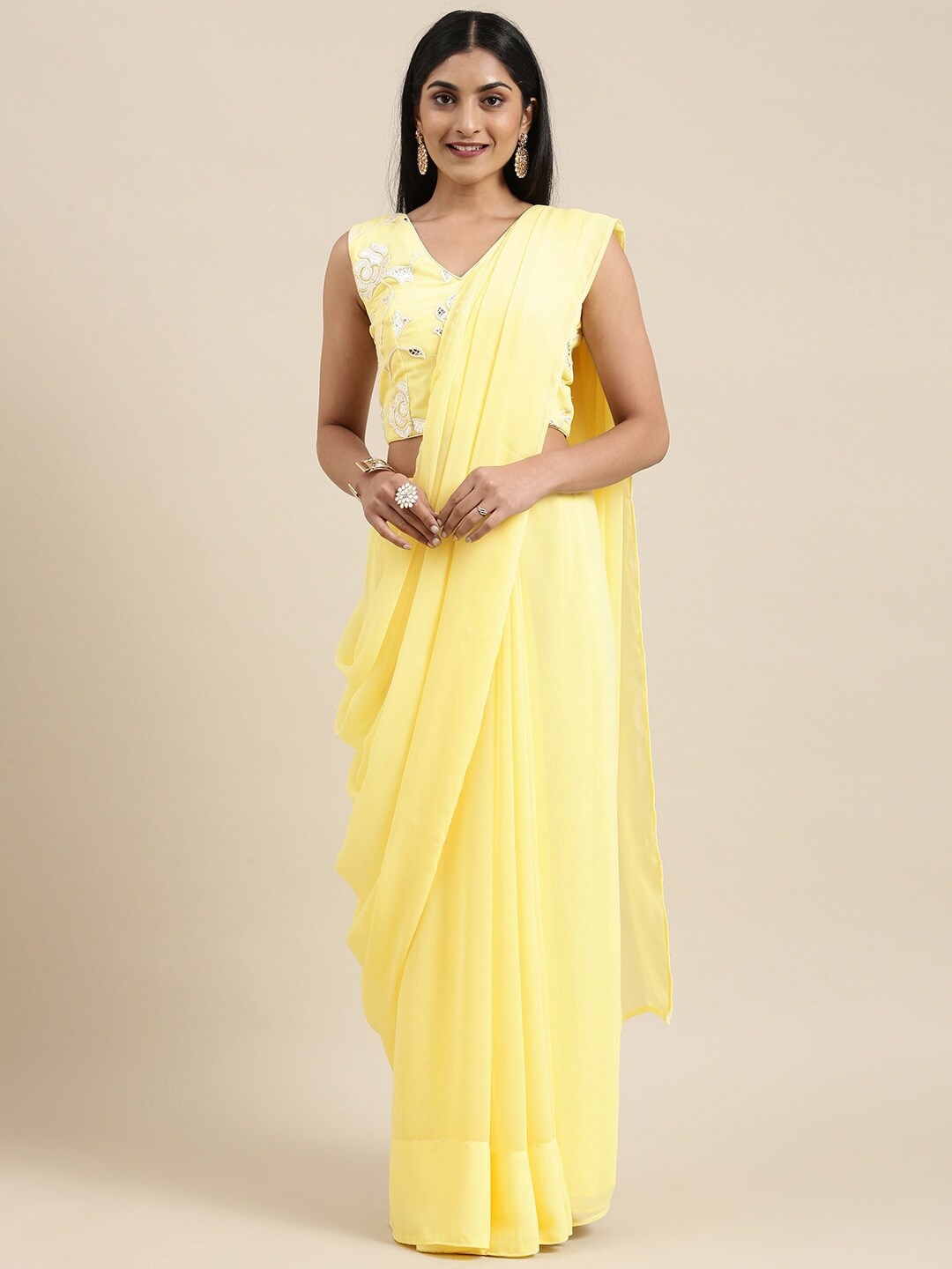 

Ethnovog Embroidered Mirror Work Saree, Yellow
