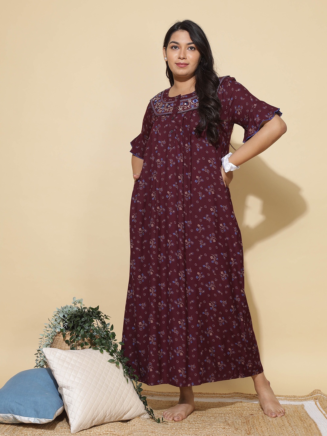 

9shines Label Floral Printed Maxi Nightdress, Maroon