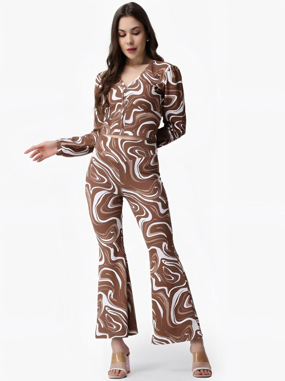 

SIDYAL Abstract Printed Crop Top With Trousers, Brown