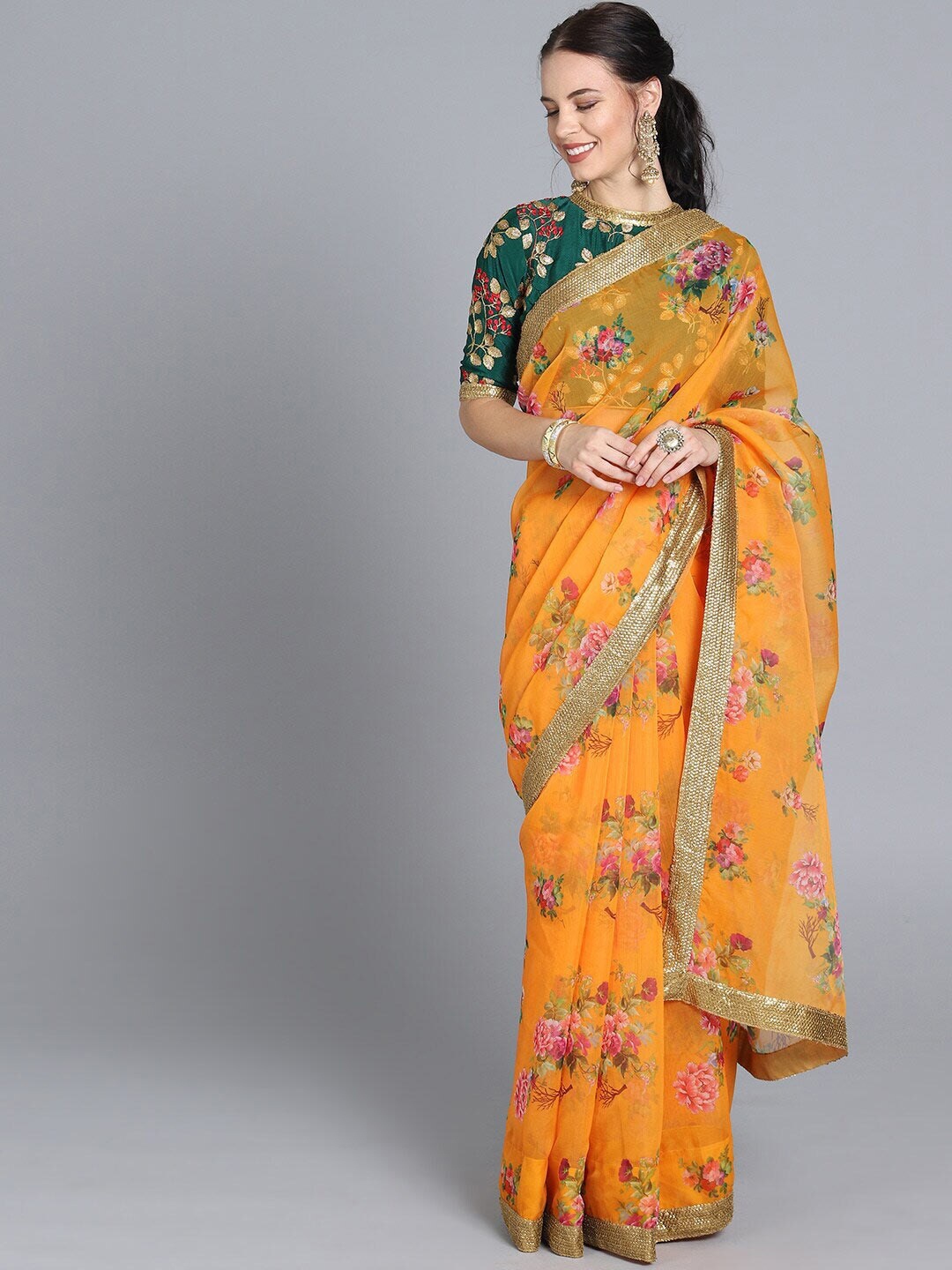 

Ethnovog Floral Printed Organza Saree, Green