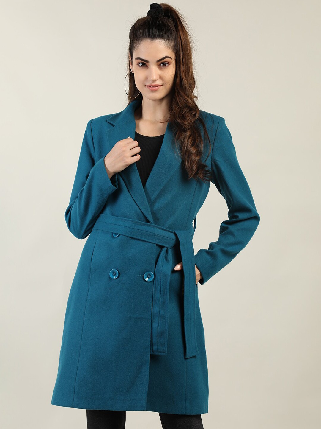

CHKOKKO Notched Lapel Collar Winter Wear Trench Coat, Sea green