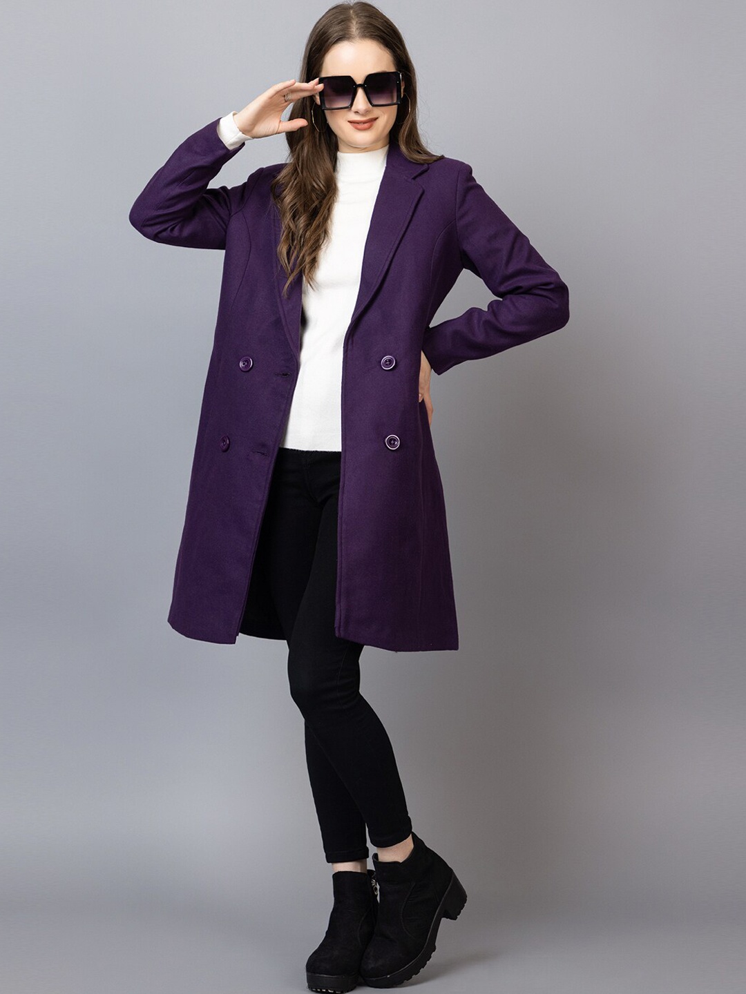 

CHKOKKO Notched Lapel Longline Woollen Double-Breasted Overcoat, Purple