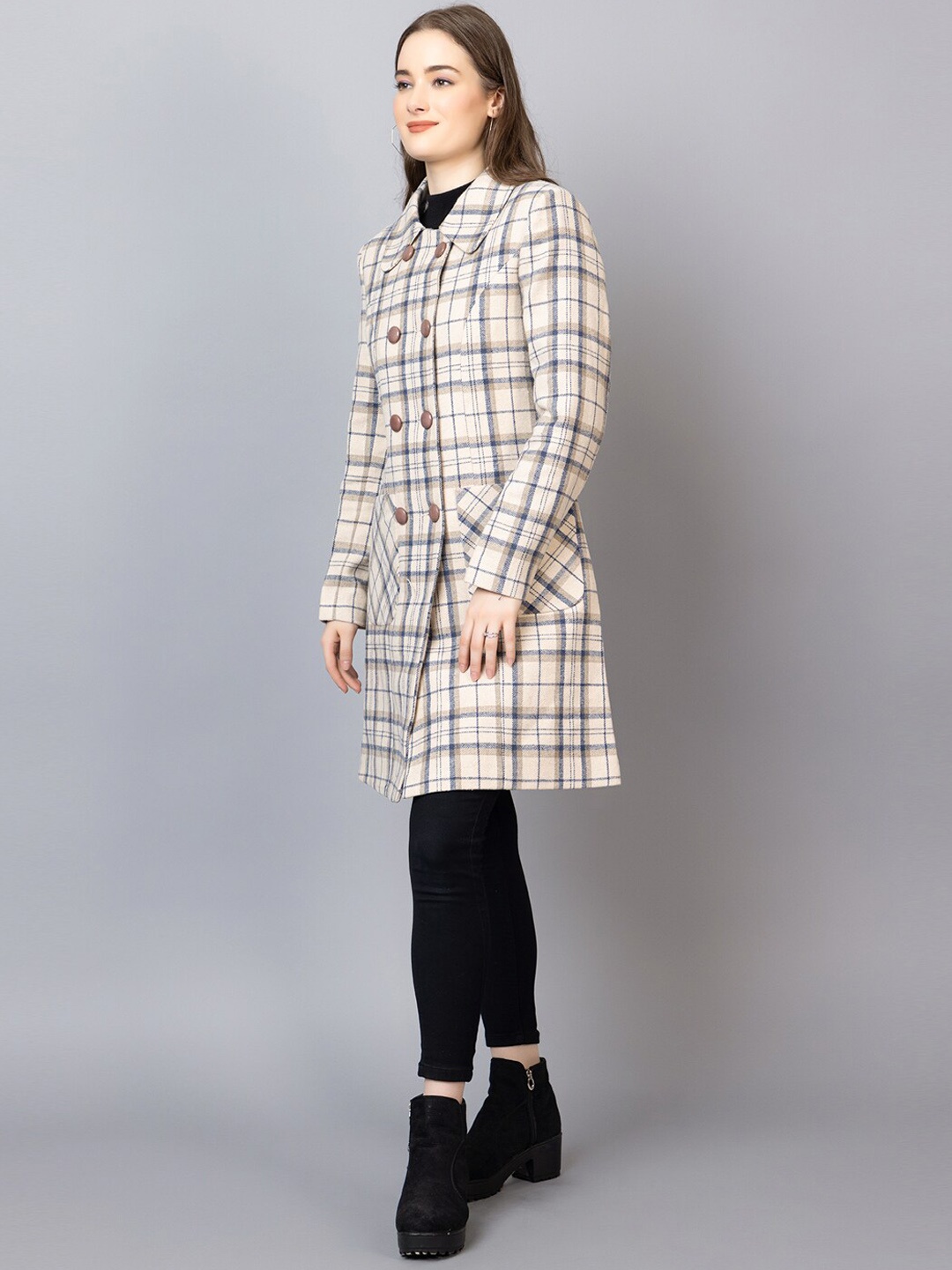 

CHKOKKO Checked Peter Pan Collar Longline Woollen Overcoat, Beige