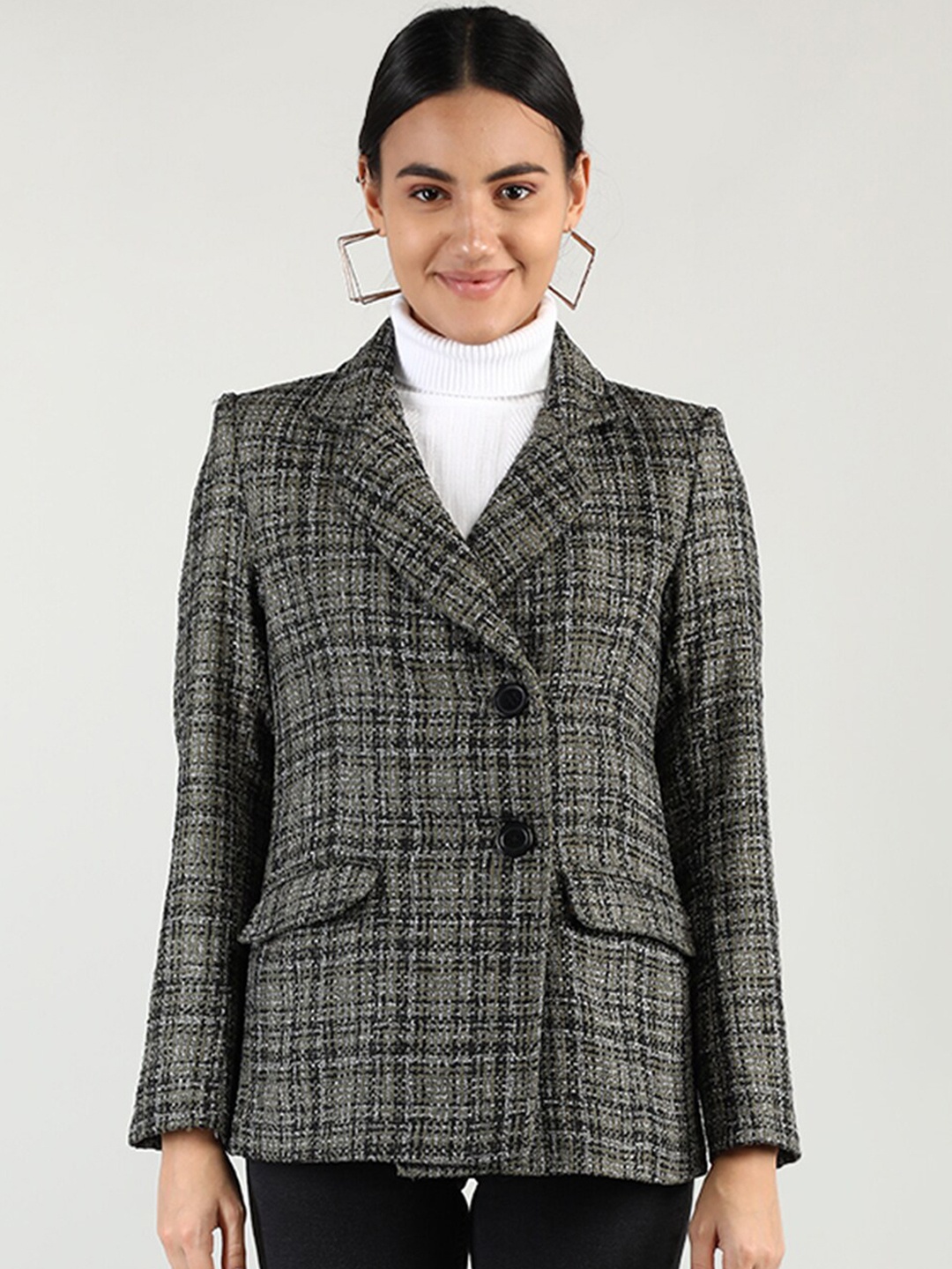 

CHKOKKO Checked Notched Lapel Single Breasted Overcoat, Green