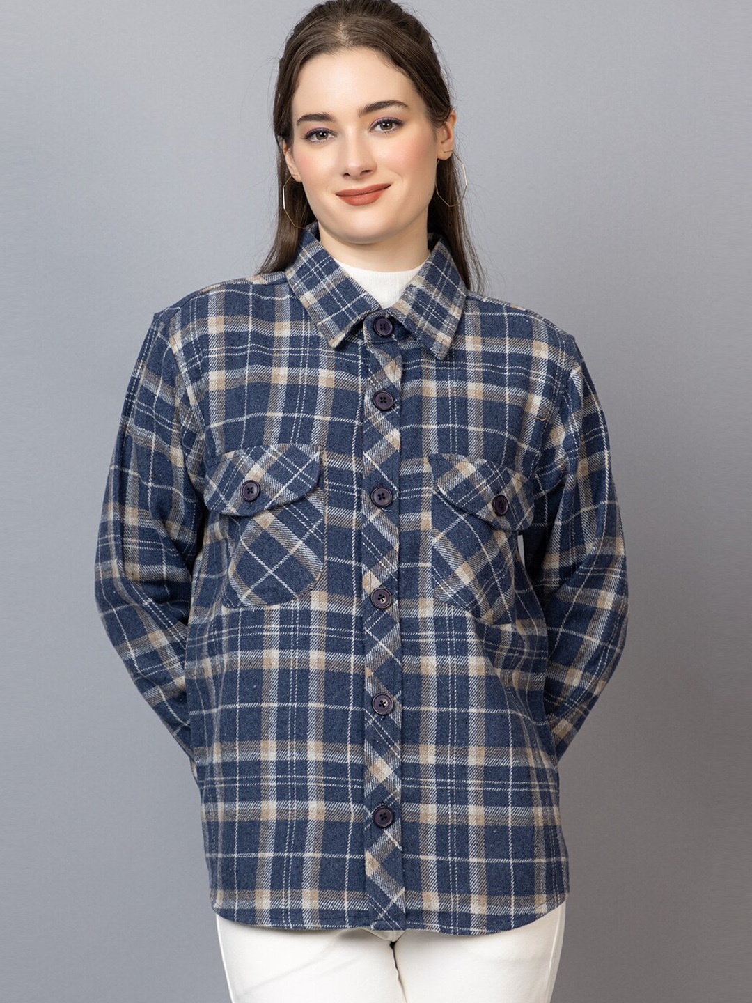 

CHKOKKO Checked Woolen Winter Wear Overcoat, Blue