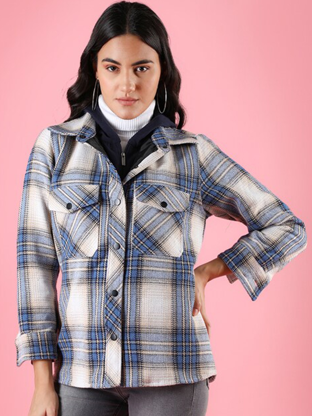 

CHKOKKO Checked Hooded Tailored Jacket, Navy blue