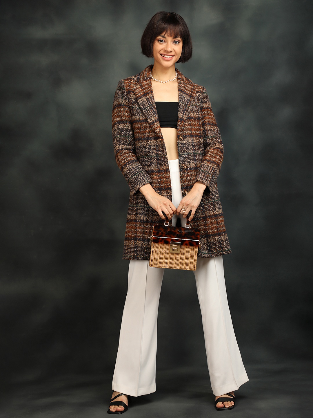 

CHKOKKO Checked Woollen Winter Wear Longline Overcoat, Rust