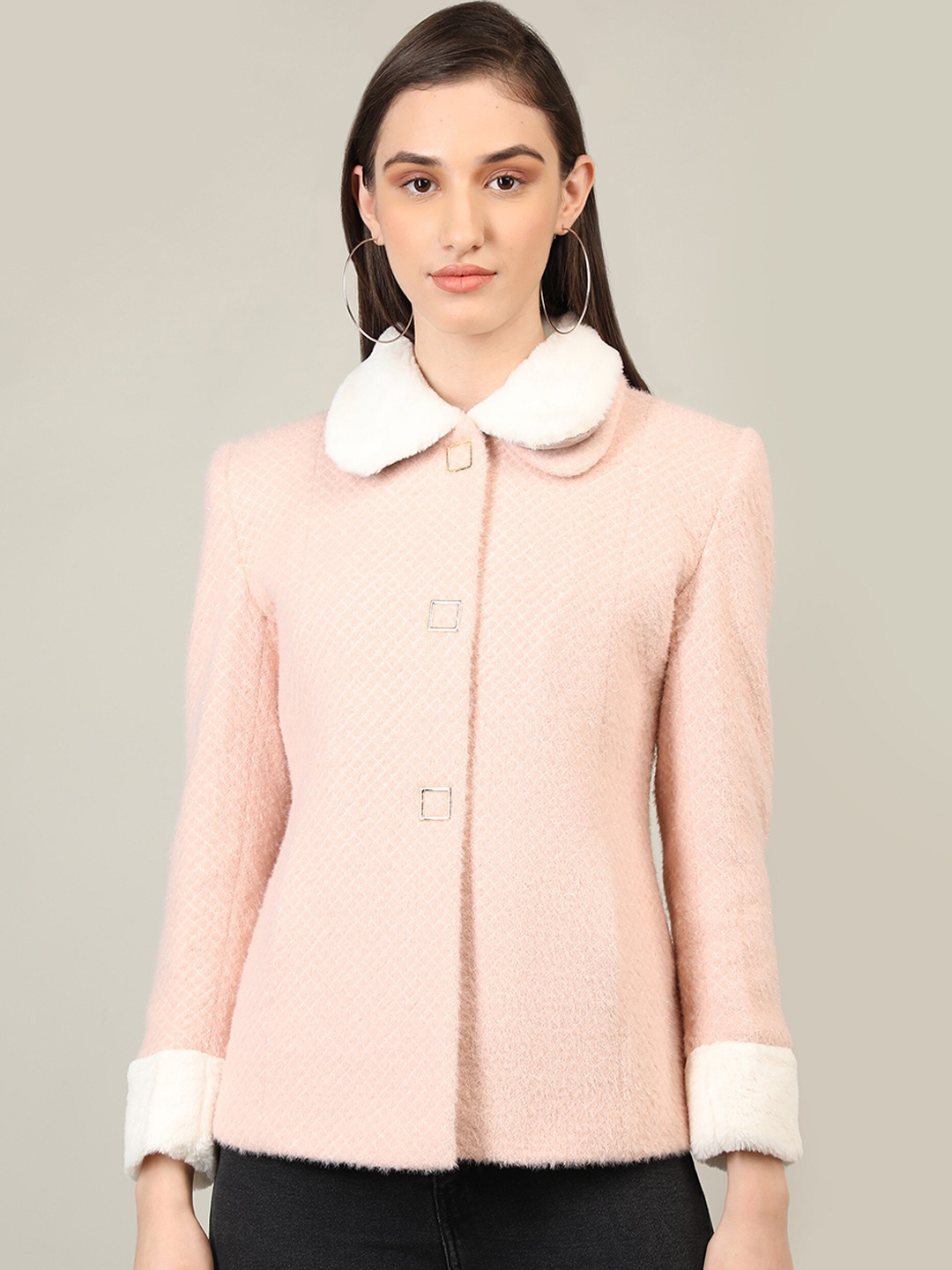 

CHKOKKO Self-Designed Woolen Winter Wear Overcoat, Peach