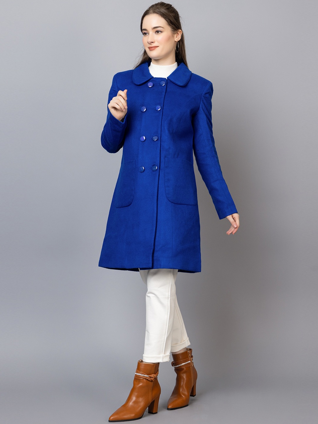 

CHKOKKO Peter Pan Collar Woolen Longline Trench Coat, Blue