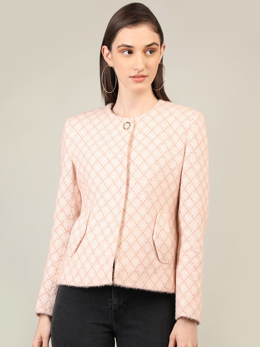 

CHKOKKO Self Design Winter Pea coat, Peach