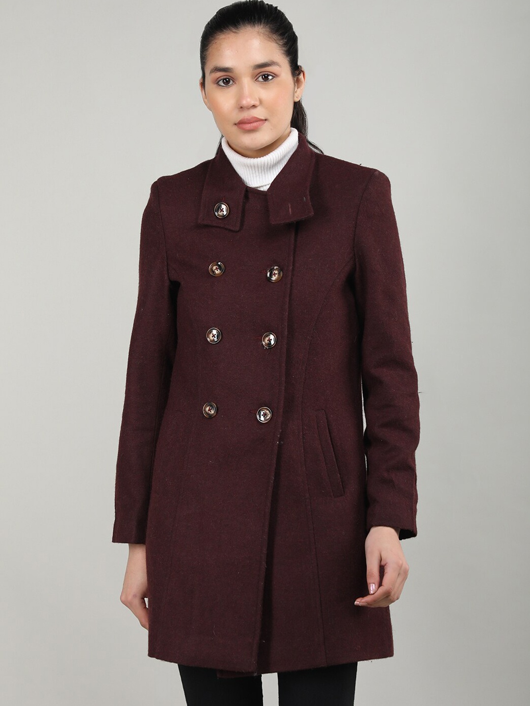 

CHKOKKO Stand Collar Longline Winter Pea Coat, Maroon