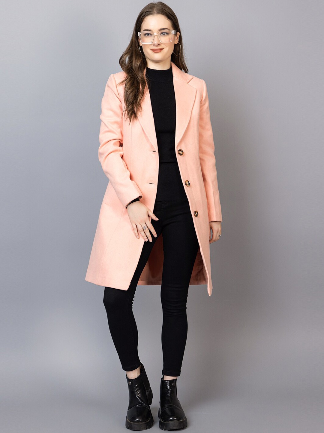 

CHKOKKO Notched Lapel Collar Single-Breasted Overcoat, Peach