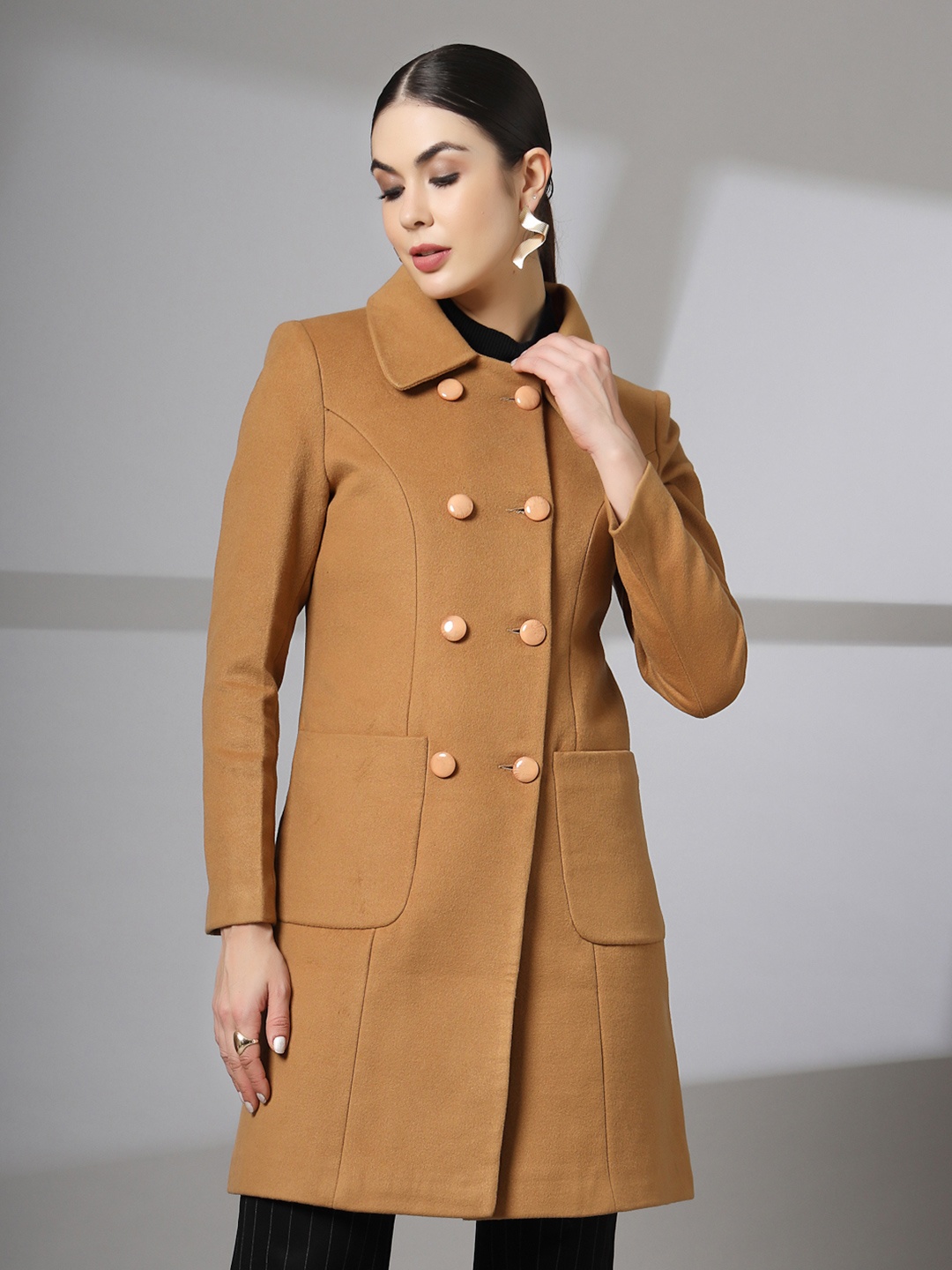 

CHKOKKO Spread Collar Longline Overcoat, Camel brown