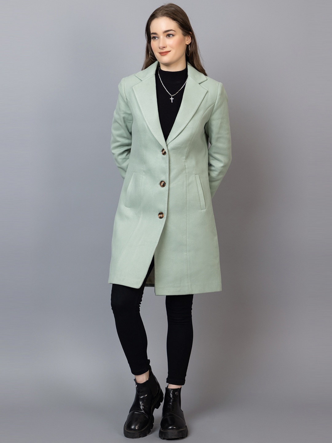 

CHKOKKO Notched Lapel Long Sleeves Wool Overcoat, Green