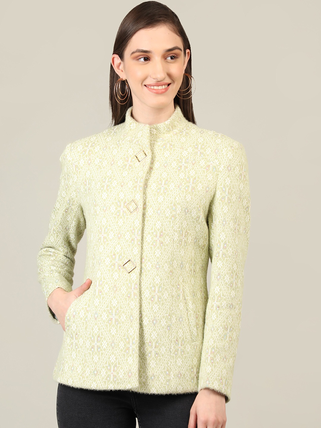 

CHKOKKO Self Design Stand Collar Wool Peacoat, Green