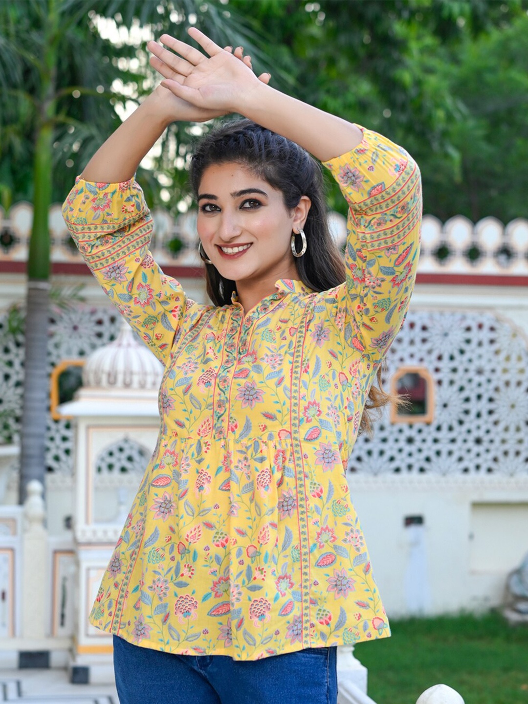 

GULAB CHAND TRENDS Floral Print Mandarin Collar Cuffed Sleeves Pleated Cotton Top, Yellow
