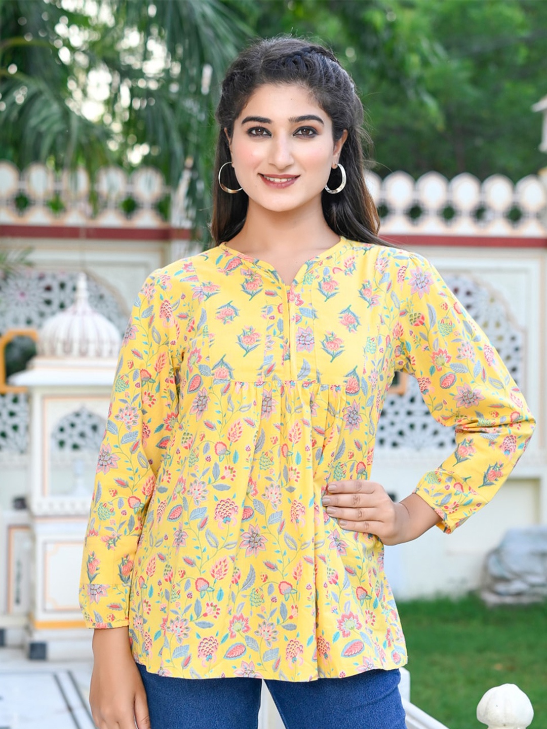 

GULAB CHAND TRENDS Floral Print Round Neck Cuffed Sleeve Pleated Cotton Top, Yellow