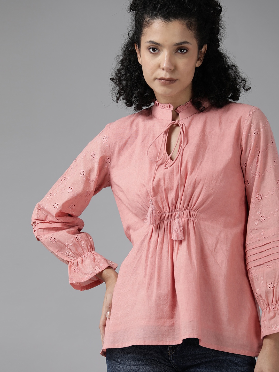 

Roadster Tie-Up Neck Puff Sleeve Cotton Schiffli Cinched Waist Longline Top, Pink