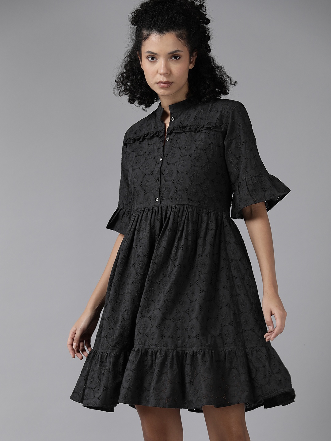 

Roadster Schiffli Bell Sleeves Mandarin Collar Ruffled Fit & Flare Dress, Black