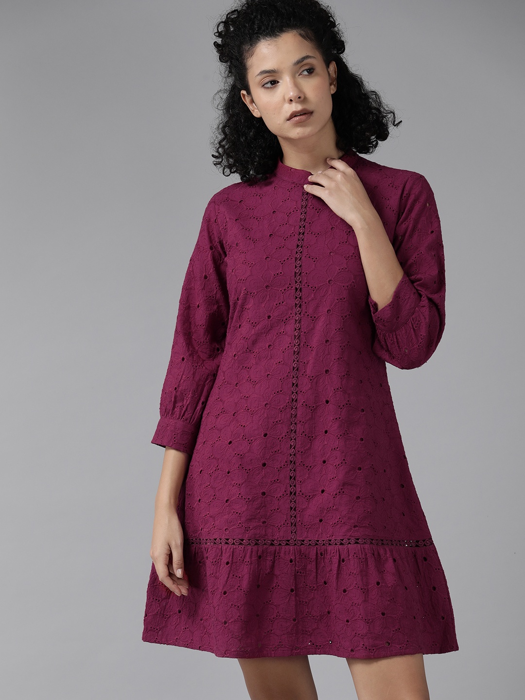 

Roadster Schiffli Mandarin Collar Puff Sleeves A-Line Dress, Burgundy