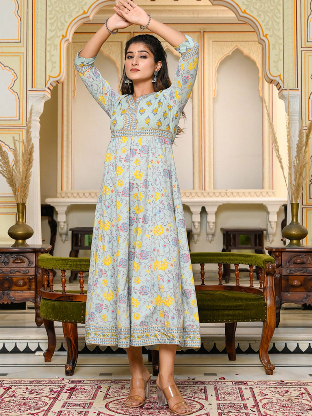 

GULAB CHAND TRENDS Floral Printed V-Neck Cotton Fit & Flare Ethnic Dress, Green
