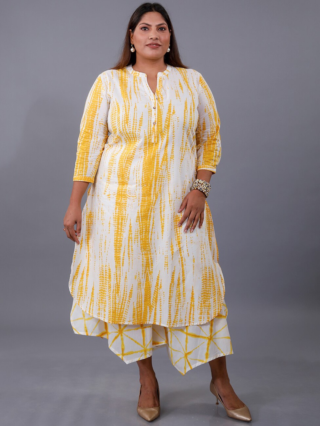 

Fabnest Curve Abstract Printed Mandarin Collar Pure Cotton Kurta with Palazzos, Yellow