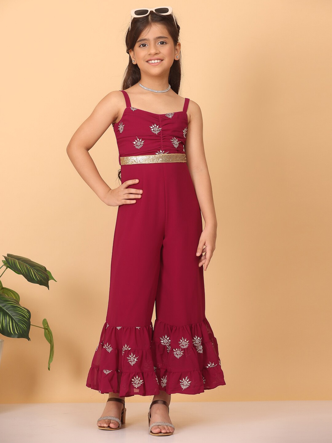 

Ethnovog Girls Floral Embroidered Shoulder Straps Sleeveless Basic Jumpsuit, Purple