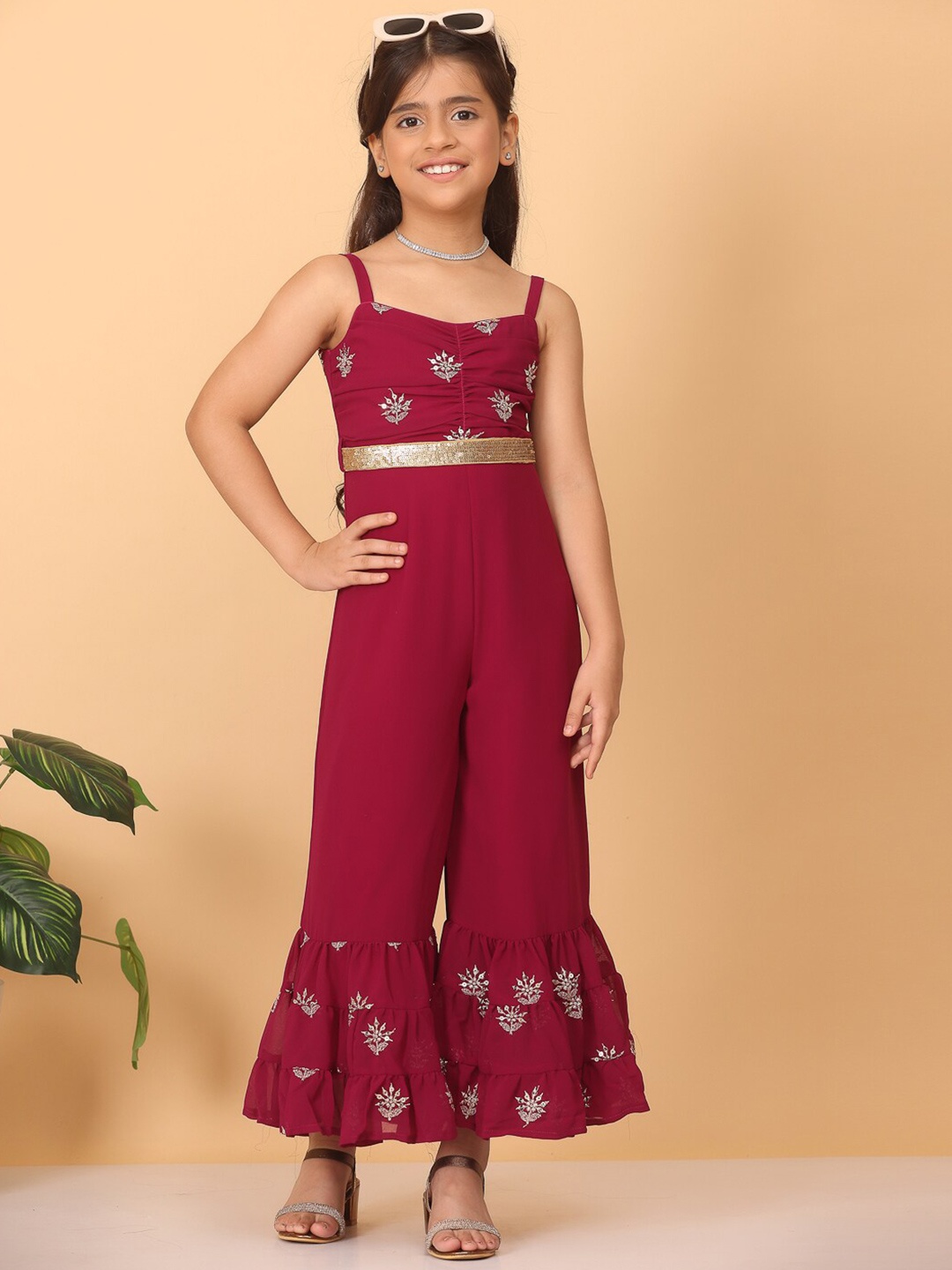 

Ethnovog Girls Floral Embroidered Shoulder Straps Sleeveless Basic Jumpsuit, Purple