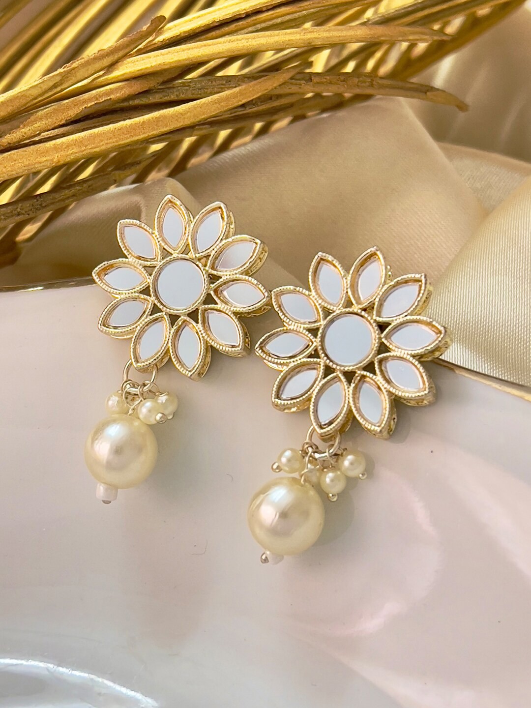 

Ayesha Gold Plated Flower Stud with Mirror Embellished Ear Cuff Earrings