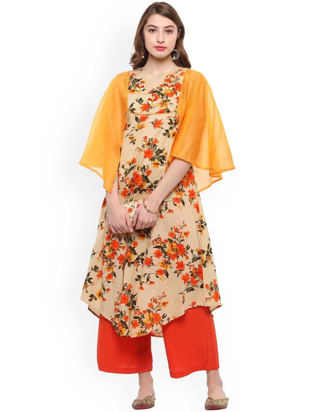 

La Firangi Women Orange & Beige Floral Print A-Line Kurta