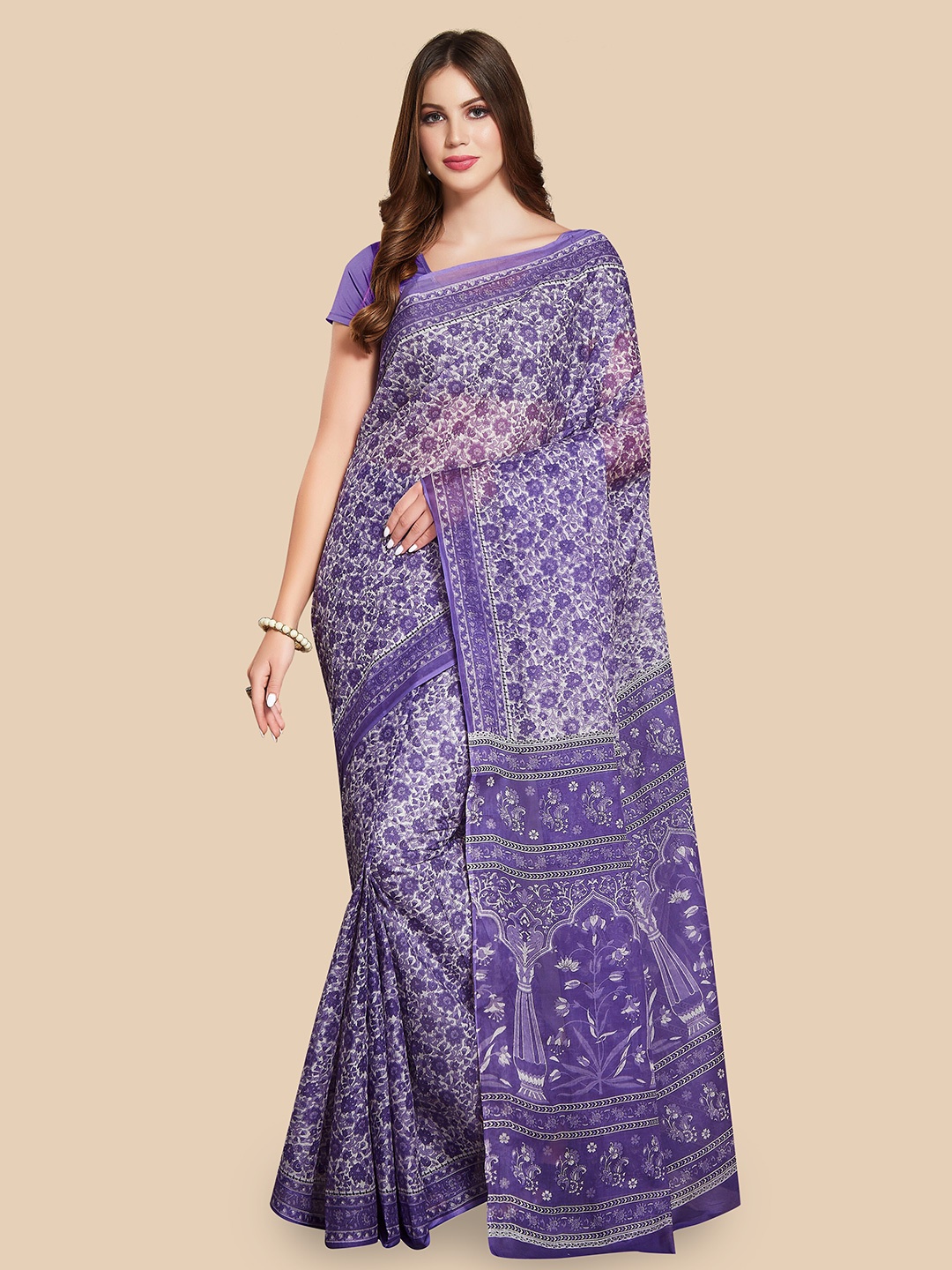 

Rani Saahiba Floral Printed Pure Cotton Saree, Purple