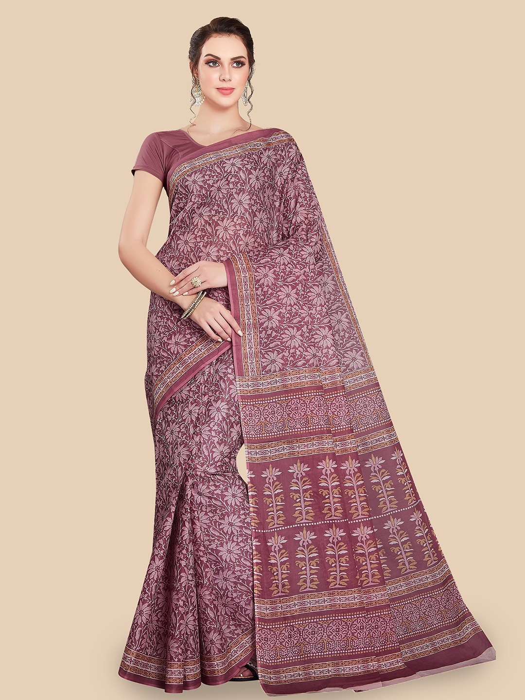 

Rani Saahiba Floral Printed Pure Cotton Saree, Pink