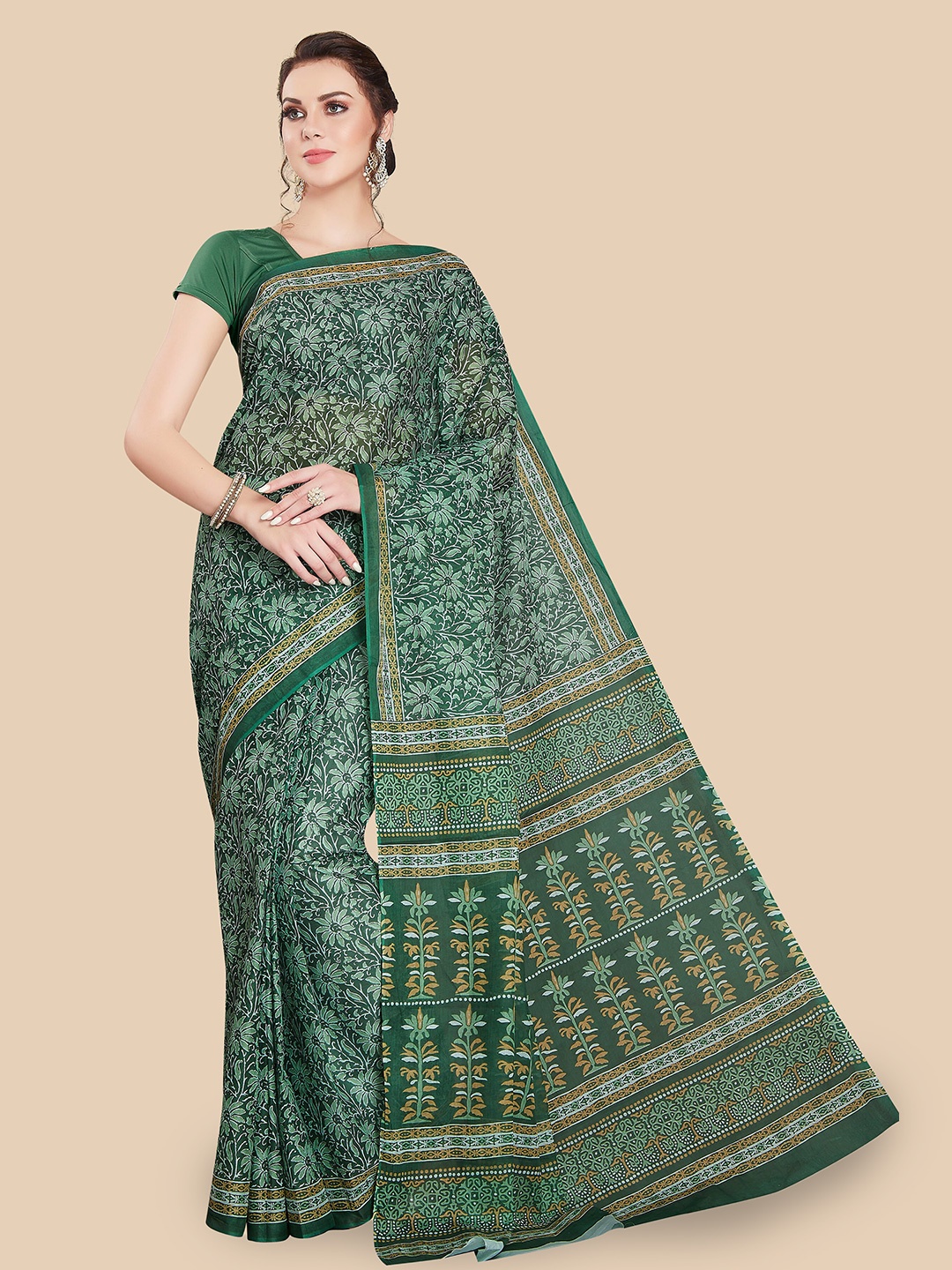 

Rani Saahiba Ethnic Motifs Printed Pure Cotton Saree, Green