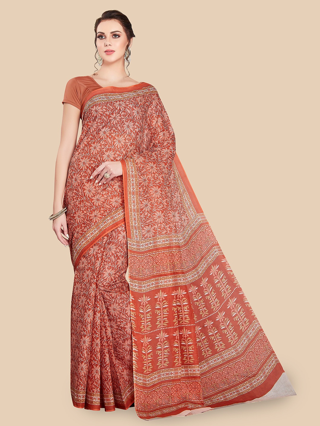 

Rani Saahiba Floral Block Printed Pure Cotton Saree, Orange