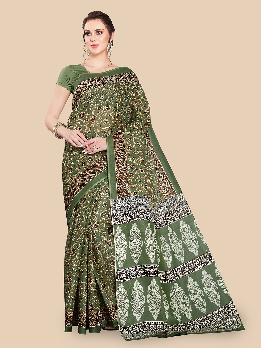 

Rani Saahiba Floral Printed Pure Cotton Saree, Green