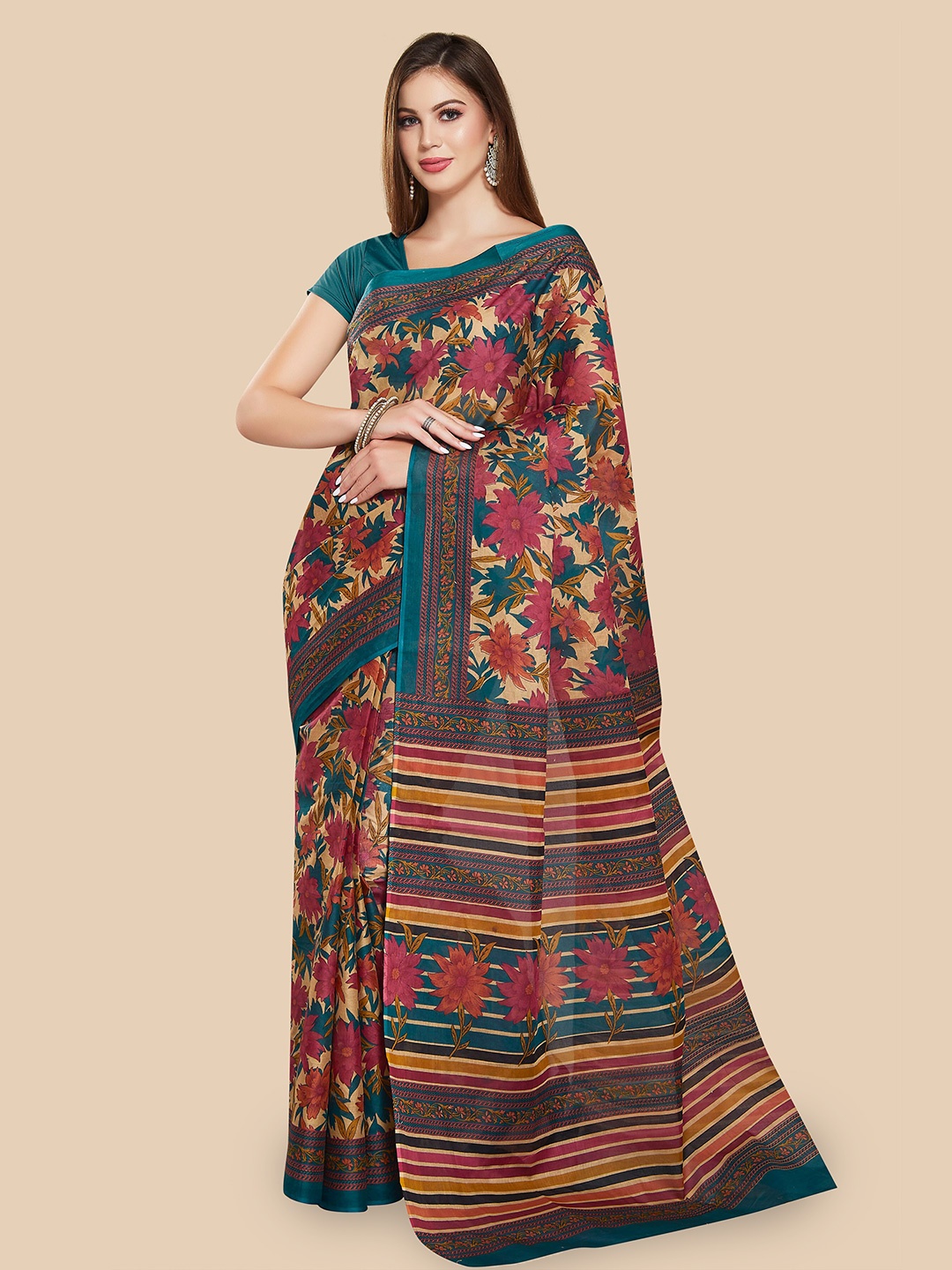

Rani Saahiba Floral Printed Pure Cotton Saree, Beige