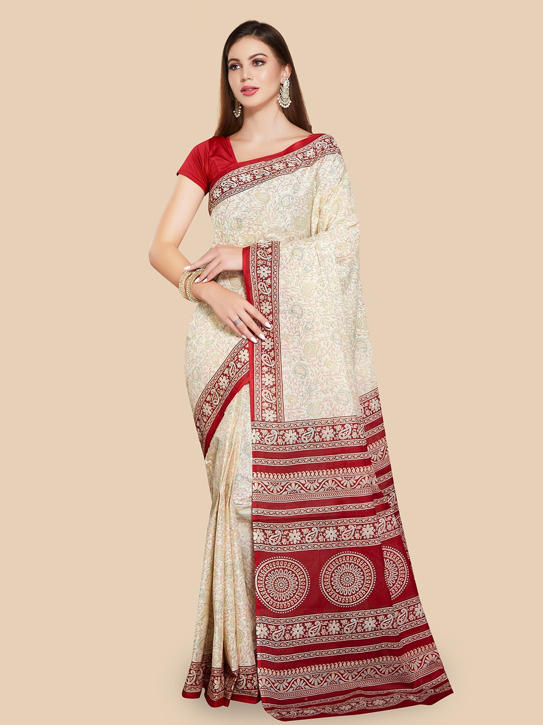 

Rani Saahiba Ethnic Motifs Block Printed Pure Cotton Saree, Off white