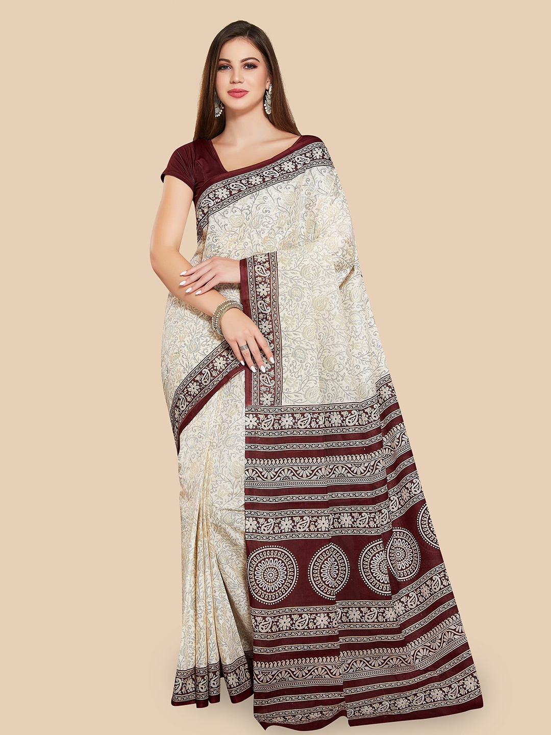 

Rani Saahiba Floral Printed Pure Cotton Saree, Off white