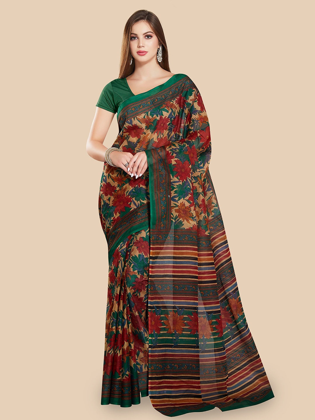 

Rani Saahiba Floral Pure Cotton Block Print Saree, Green
