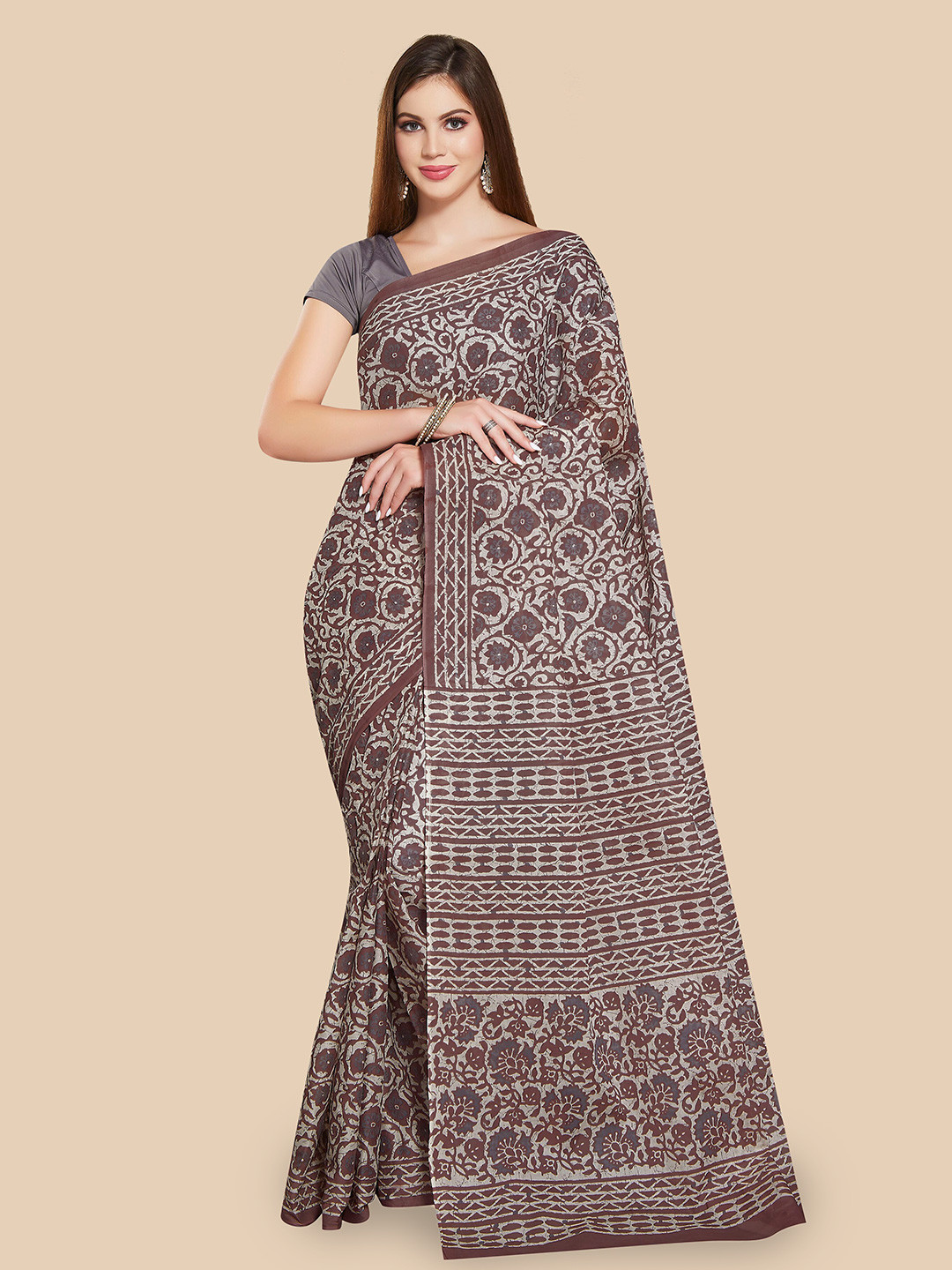 

Rani Saahiba Ethnic Motifs Printed Pure Cotton Saree, Brown