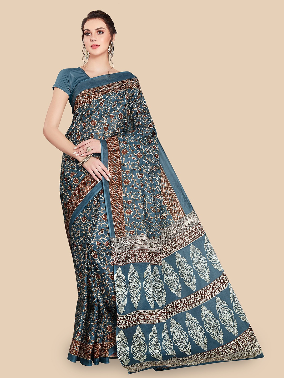 

Rani Saahiba Floral Printed Pure Cotton Saree, Blue