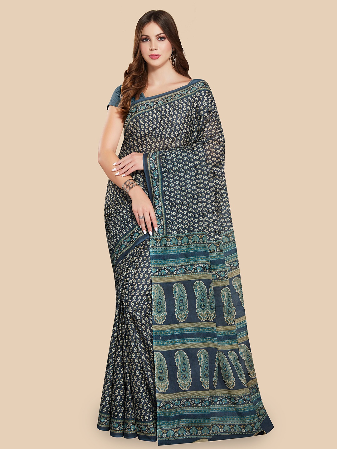 

Rani Saahiba Dabu Printed Pure Cotton Saree, Grey