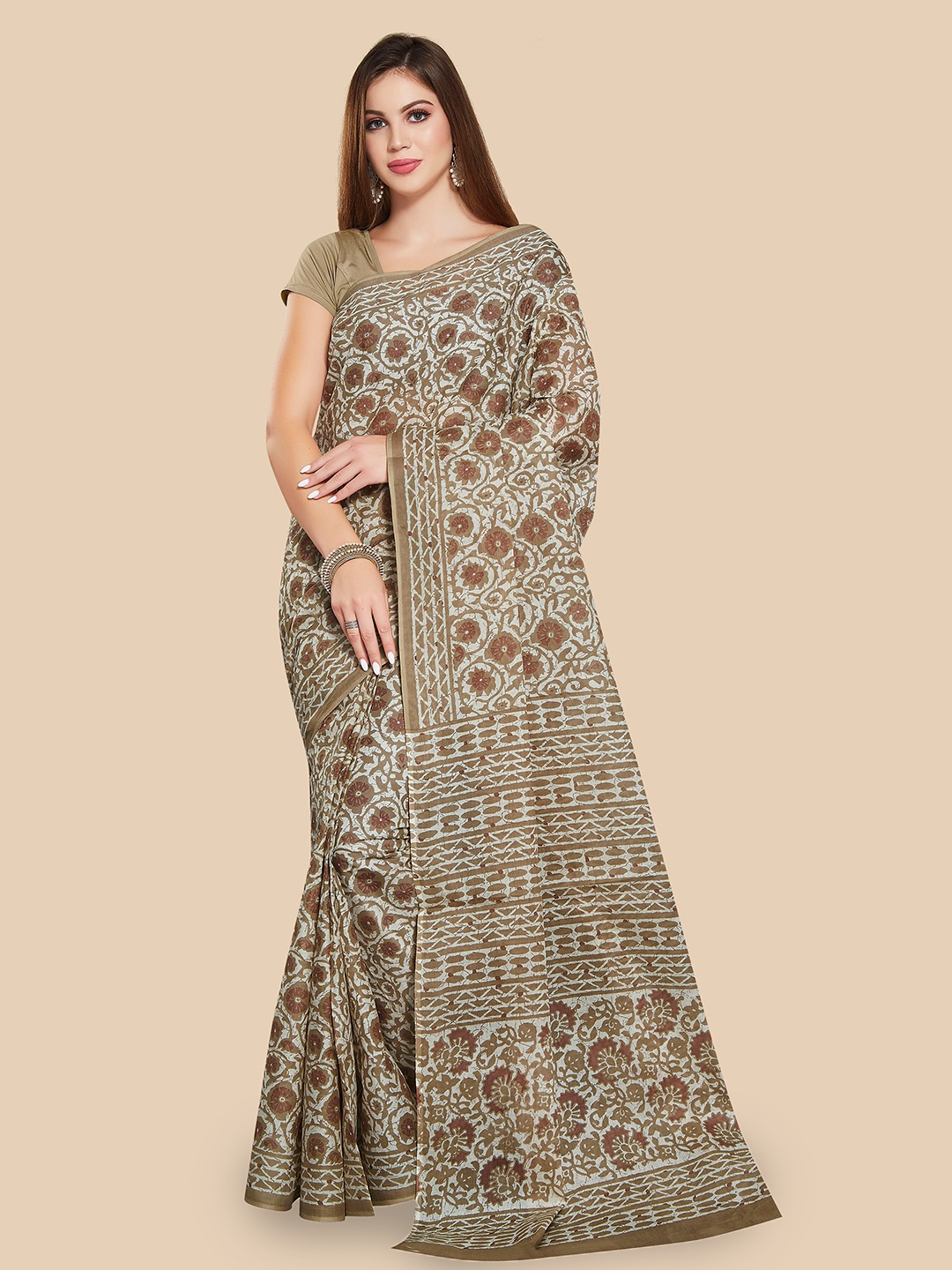 

Rani Saahiba Batik Printed Pure Cotton Saree, Brown
