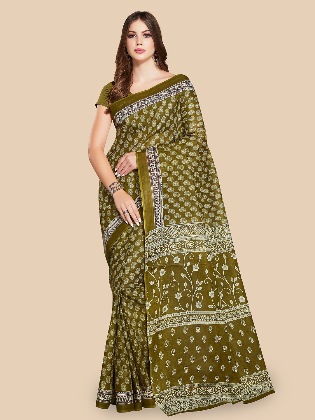 

Rani Saahiba Paisley Pure Cotton Block Print Saree, Green