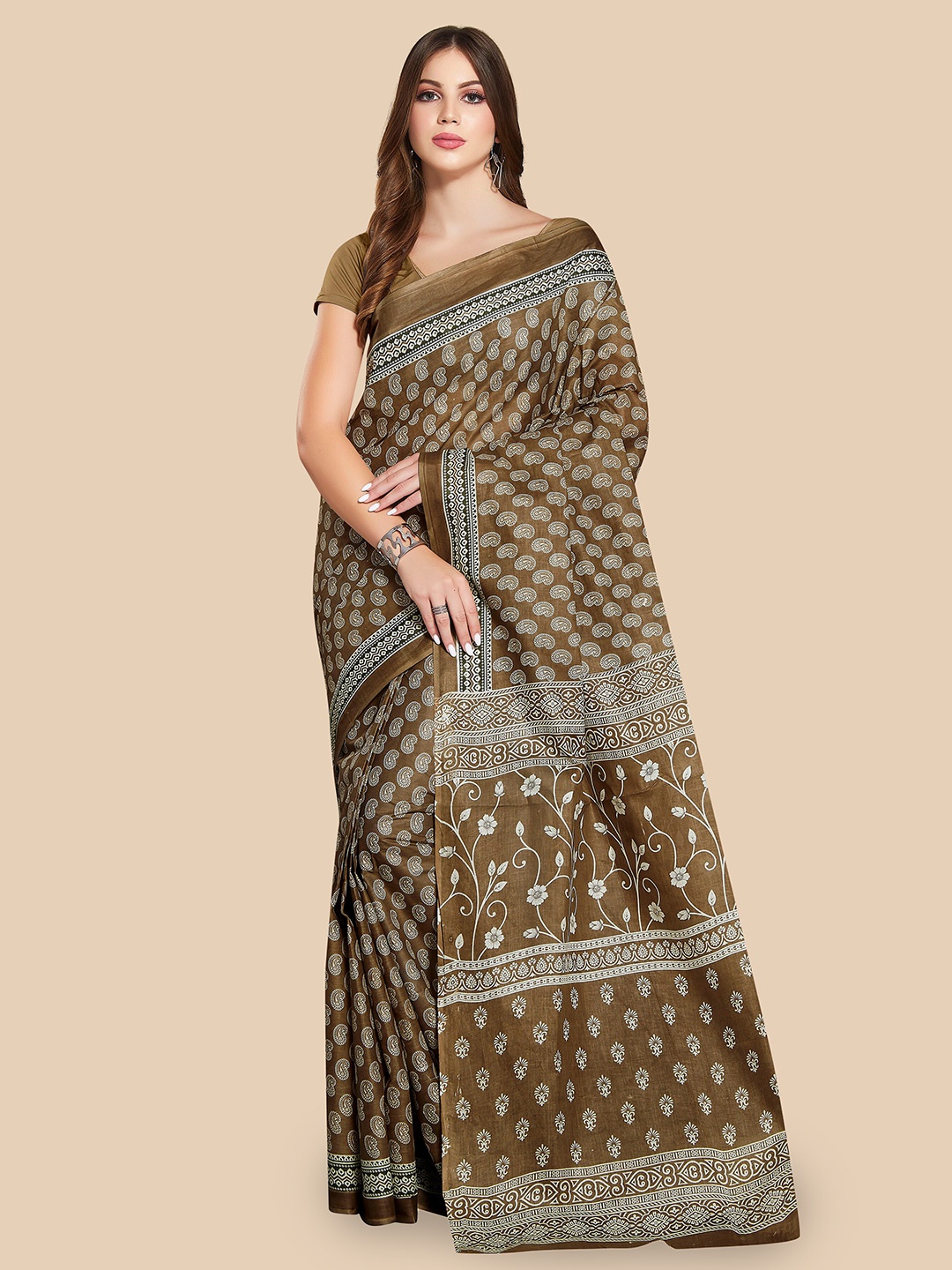 

Rani Saahiba Paisley Printed Pure Cotton Block Print Saree, Brown