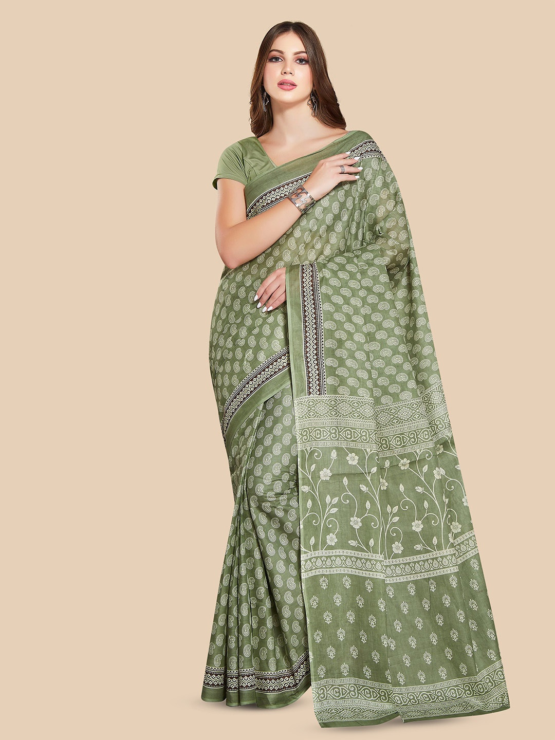 

Rani Saahiba Paisley Printed Pure Cotton Saree, Green