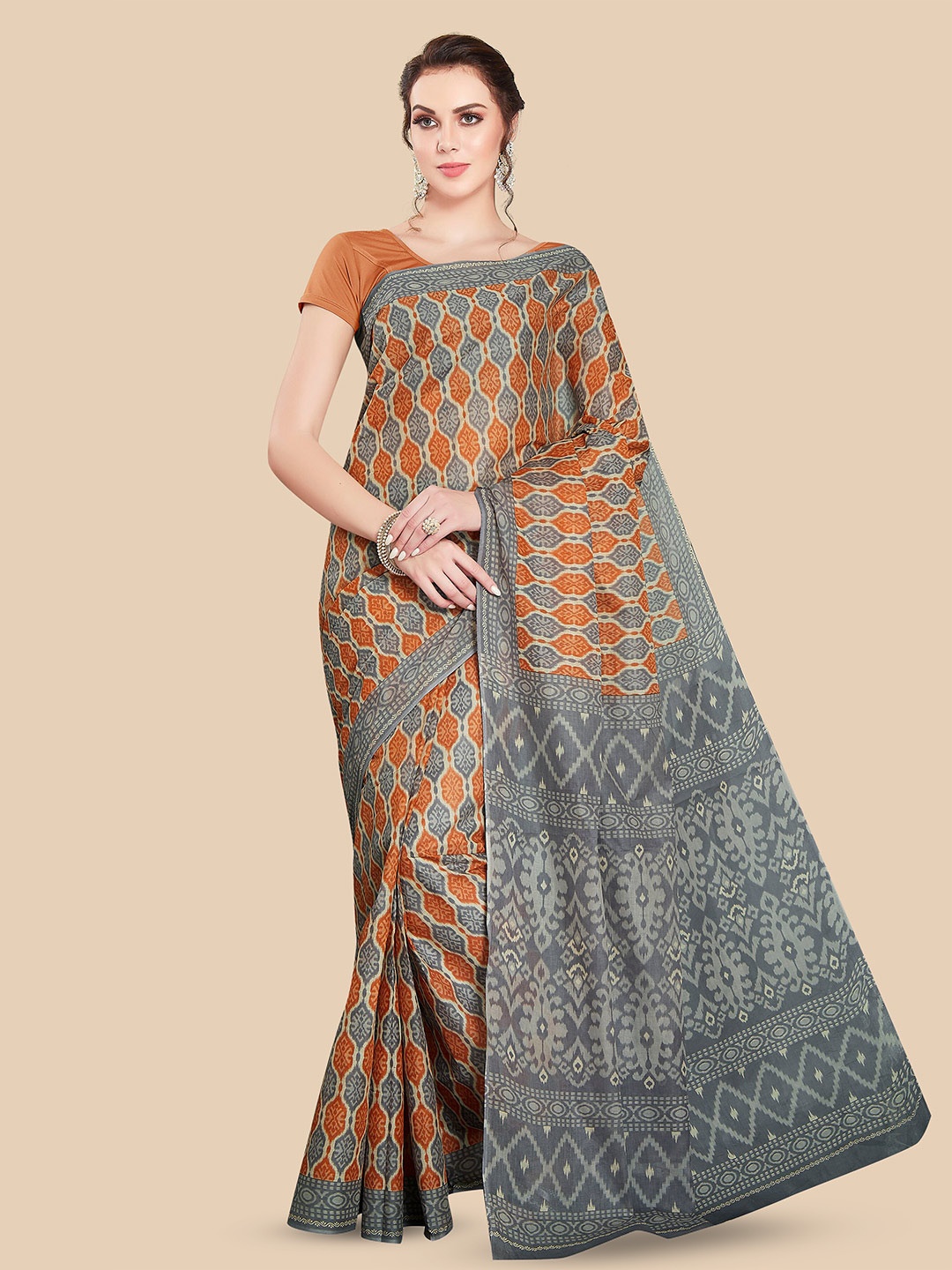 

Rani Saahiba Geometric Printed Pure Cotton Sambalpuri Saree, Grey